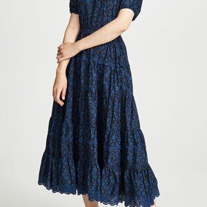 ULLA JOHNSON Carina Floral Cotton Tie-Waist Midi-Dress Size 6 navy blue